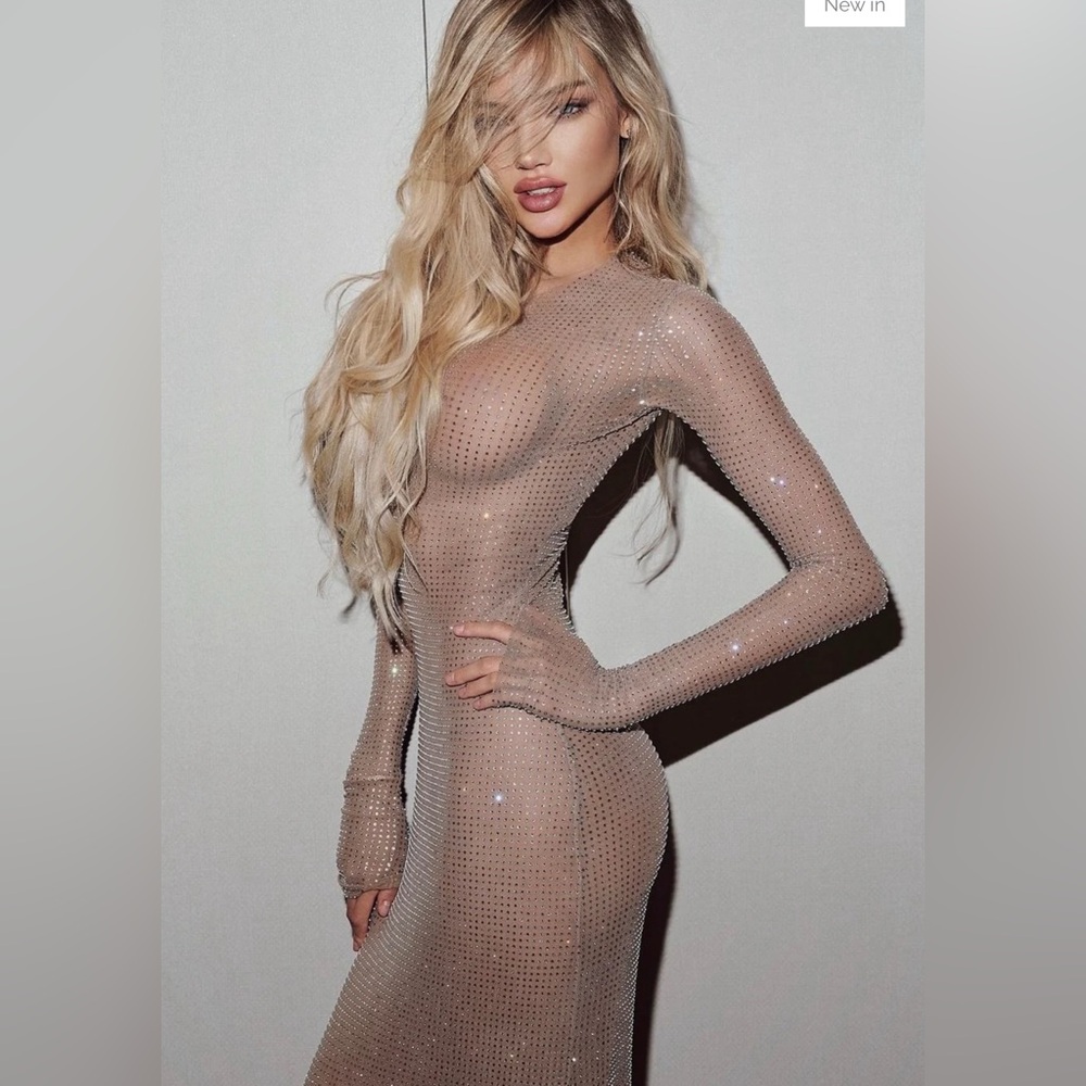 Glamorous Long Sleeve Beige Dress